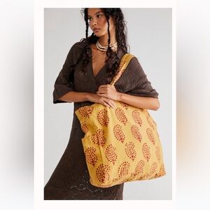 Free People Organic Veg Dyed Printed Tote Yellow Bag Cotton
